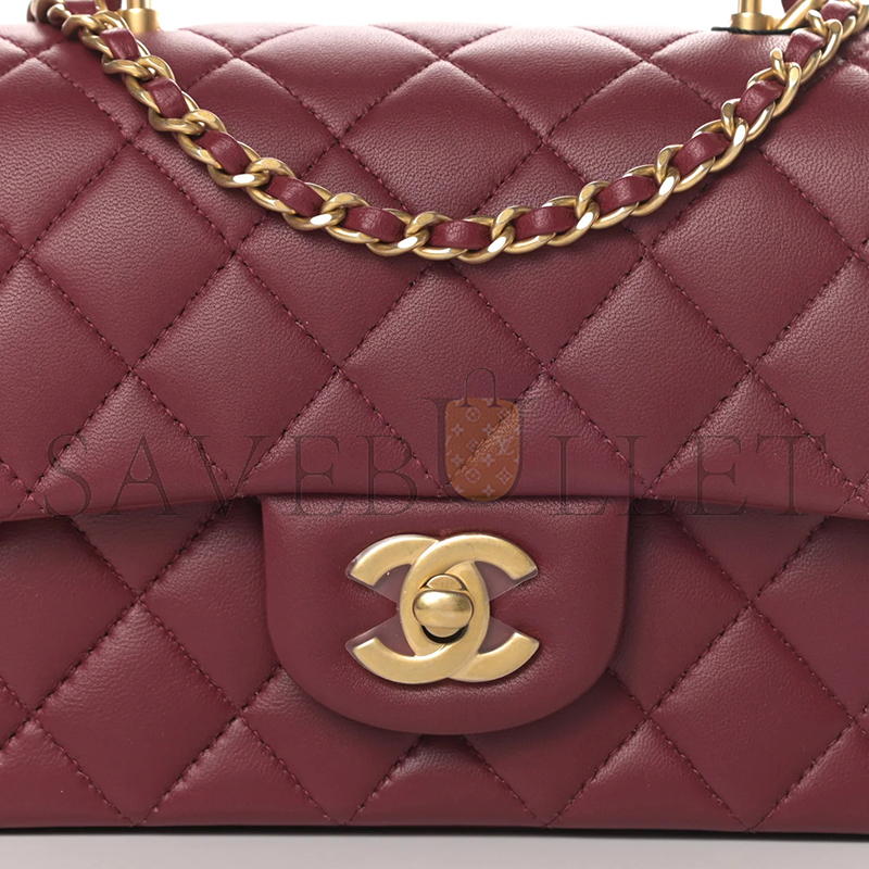 CHANEL LAMBSKIN QUILTED MINI TOP HANDLE RECTANGULAR FLAP BURGUNDY (20*12*6cm)